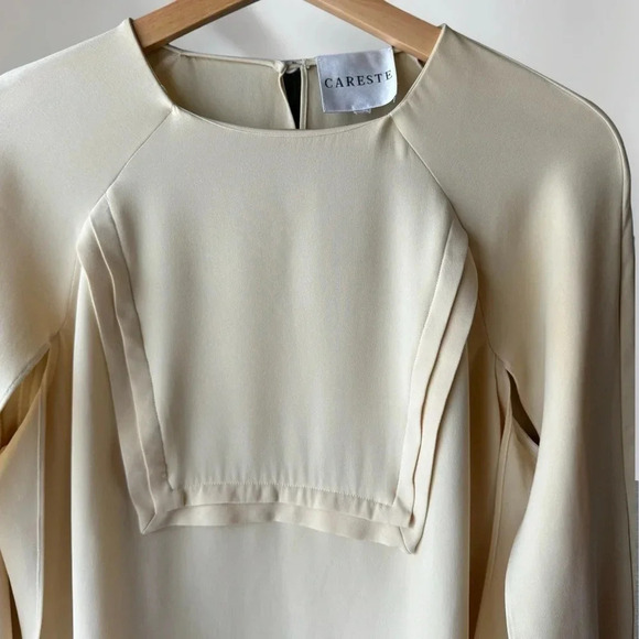CARESTE Silk Mini Shift Long Sleeve Dress Cream Yellow Size 6 - Picture 3 of 11